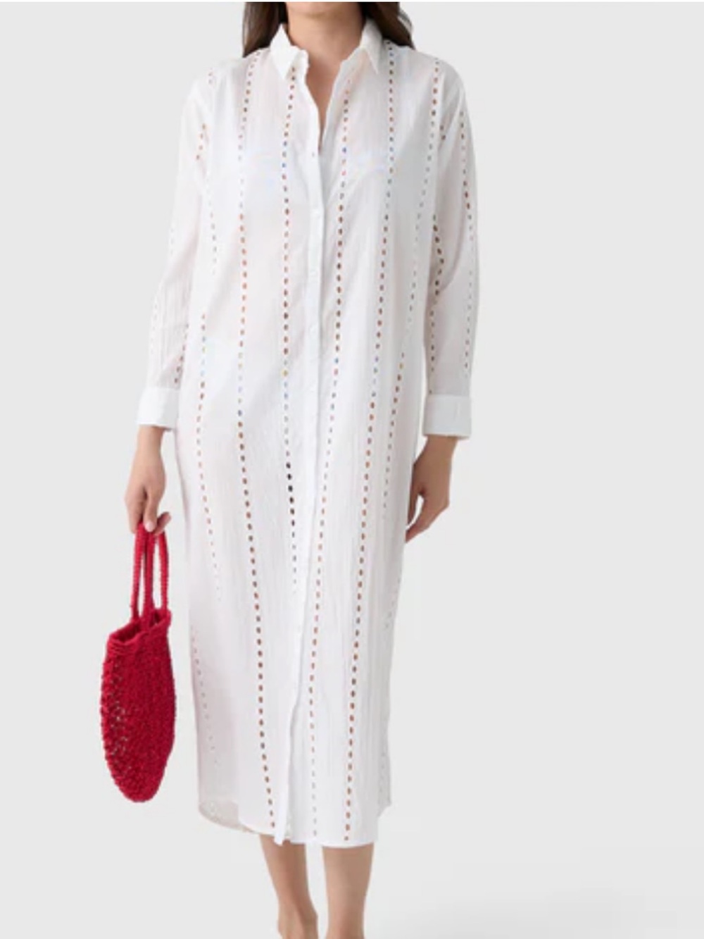 Positano Women's White Eyelet Maxi Shirt Dress   large
